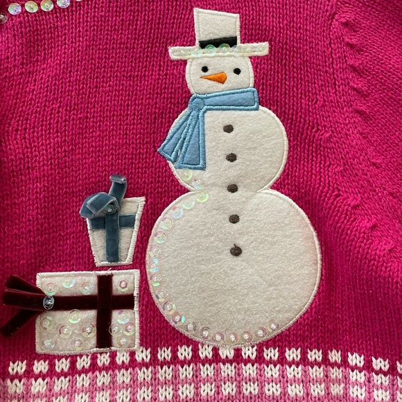 Tiara International Pink Cardigan Sweater Presents & Snowman Applique Bead Med - Picture 6 of 6